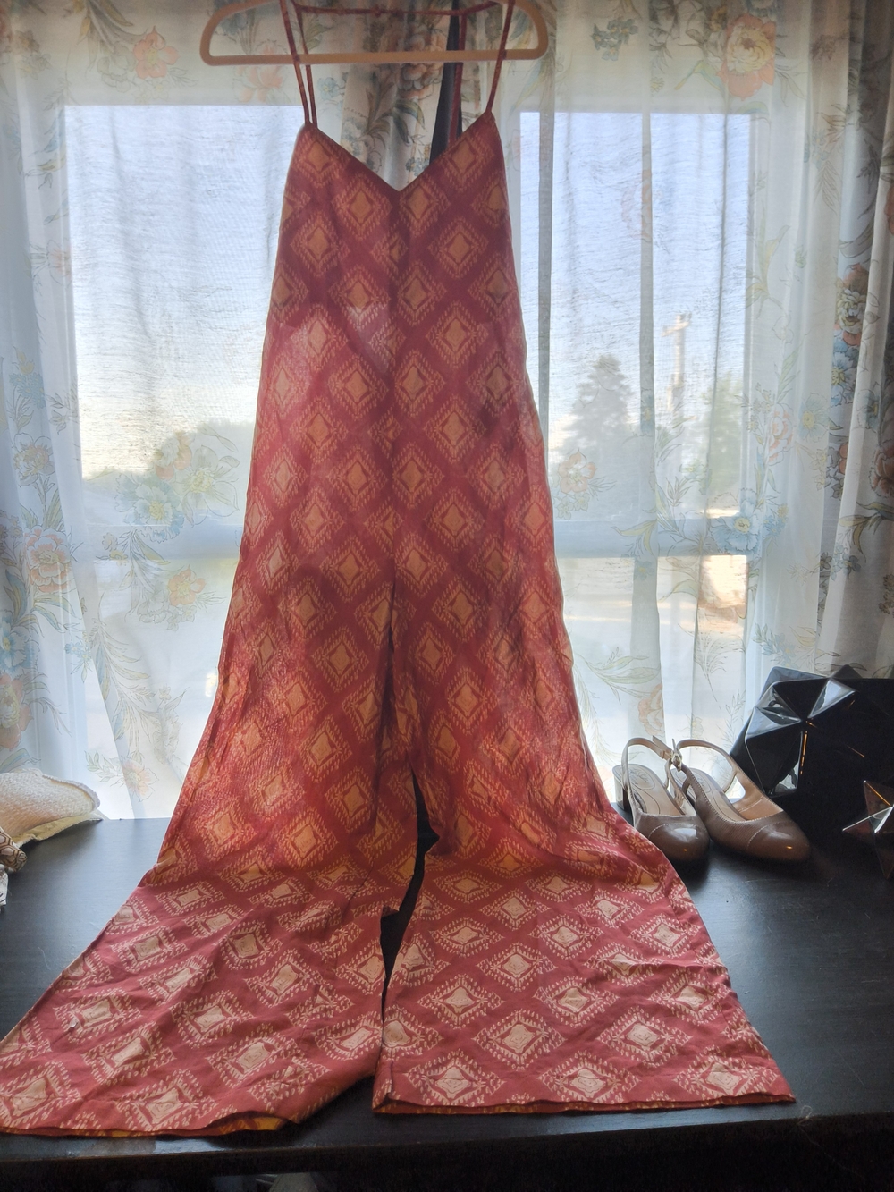 Zara Red Patterned Wide-Leg Jumpsuit with Spaghetti Straps